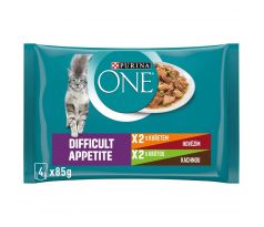 PURINA ONE Multipack DIFFICULT APPETITE mini filetky s kuraťom a hovädzím/s morkou a kačicou v šťave 4x85g