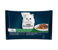 GOURMET PERLE Multipack 4x85g mini filetky teľacie so zeleninou/zverina so zeleninou/hovädzie s mrkvou/pstruh so špenatom v šťave